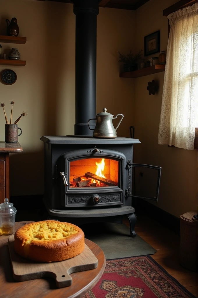 A wood-burning stove, cornbread and coffee pot 
