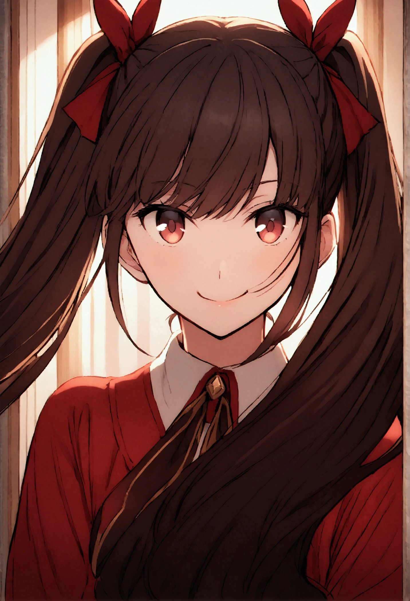 Rin Tohsaka twintail walking at the hall while facing the viewer and hand at the cheek sweep the hair. Smiling to viewer