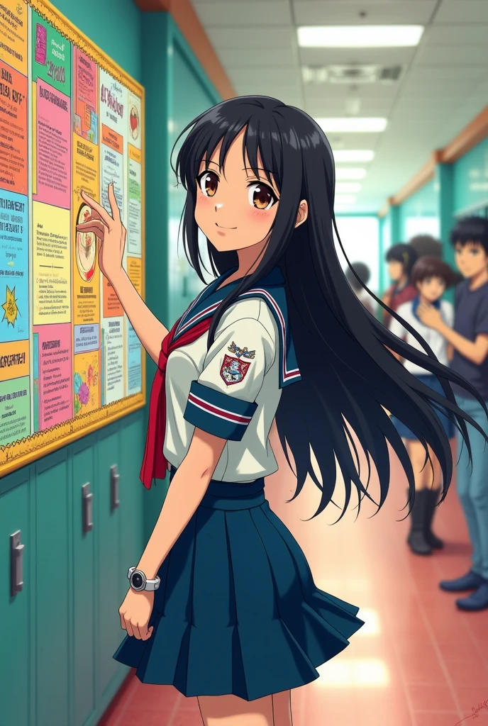 Make a woman with black hair at school, Intrigued.
anime styling.