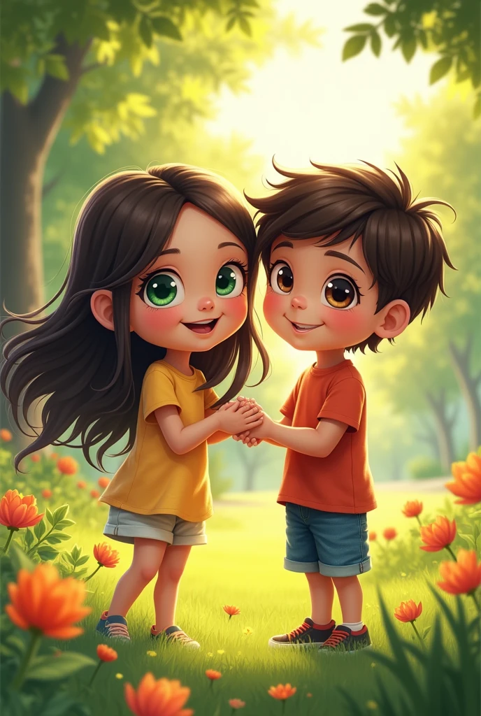a girl with dark hair and green eyes next to a brown-eyed boy