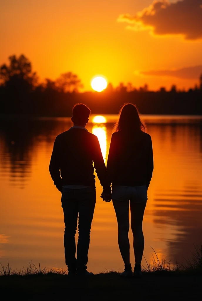 (photorealism:1.2), couple, arm in arm, sunset, small lake, sun in front, view from very close back, body’s are unlighted and unidentifiable 