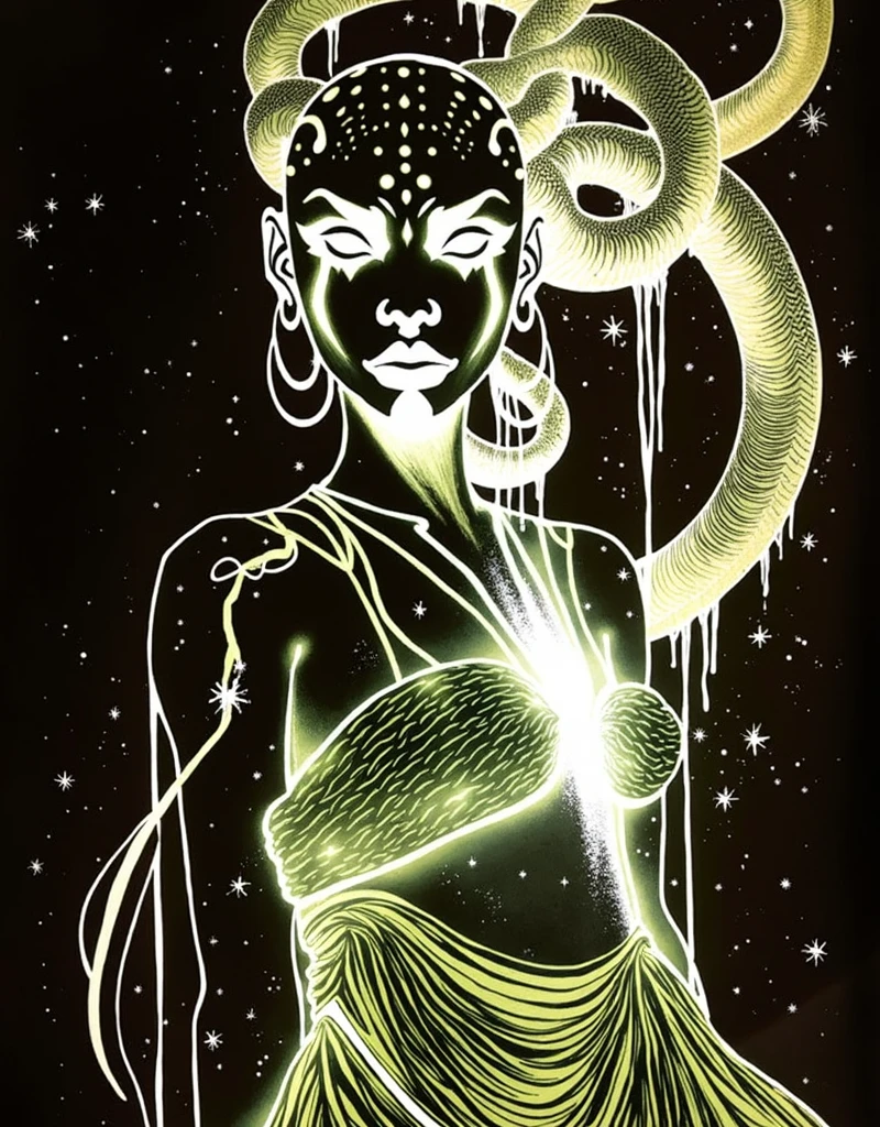 sfw, clothed, wearing dress, ((Medusa, gorgoneion, (face, ornate black metal corpse paint, resembles Grace Jones), morphology anatomy drawn Frederic Delavier musculature anatomical illustration, snake skin dress, (body, Naga, snakefolk, lower body snake tail, snake woman hybrid, bald, hairless, skeleton, snake skin tattoos, piercing eyes, snake pupils, living snakes on head, snake-hair, serpent-hair over the shoulder) )), ((splash page comic cover art, ink style figure, (expressive Joelle Jones and "Sean Gordon Murphy" comic drawing), abyss void black, no visibility darkness, wordless, (background, pine barrens, entropy, rewilding, magic hour sunset, galaxy stars, cosmos), cinematic poster, full length portrait, candid, (Gerardo Zaffino charcoal), (colors, bleak muted deep fiery radiant glowing ROYGBIV, forest green, earth brown) (horror, abstract, surreal, body, cosmic), subliminal orchids, nyctophobia, silhouette, double exposure, image within image, craftsmanship nuance, unfinished expressive rough-sketch ))
