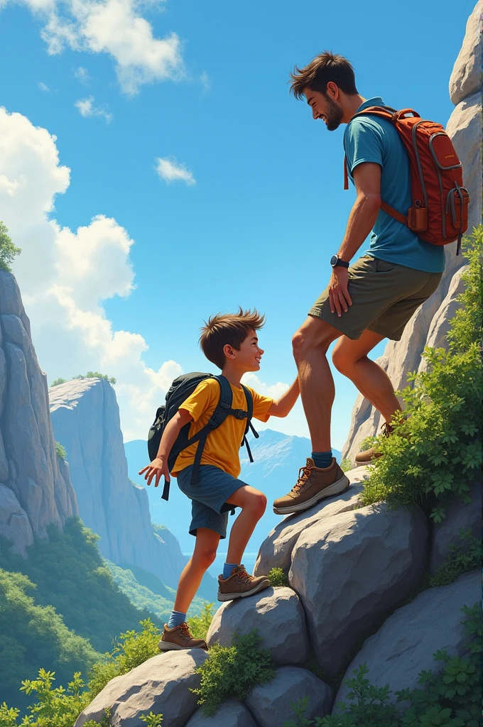 A boy is climbing a mountain with his father