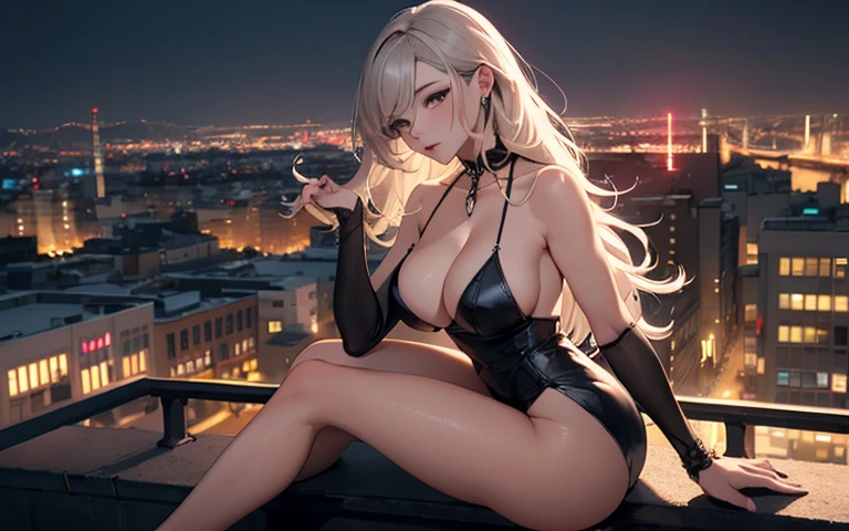 masterpiece, best quality, shadows, perfect hands, perfect legs, perfect anatomy, pretty face, mature features, 1 girl, 21 years old, mature woman, cat girl, sexy black dress, city night background, white long hair, thighs, ass, breast, seductive, spicy, posing, cinematography lights,