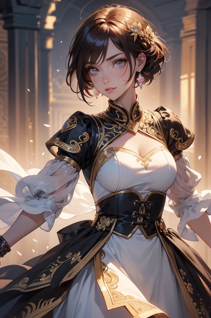 masterpiece,best quality,extremely detailed CG,ultra-detailed,beautiful detailed eyes,1woman,fighter,open stance,short hair,smirk,(crazy eyes:1.4),fighting costume,multicolored hair,brown eyes,