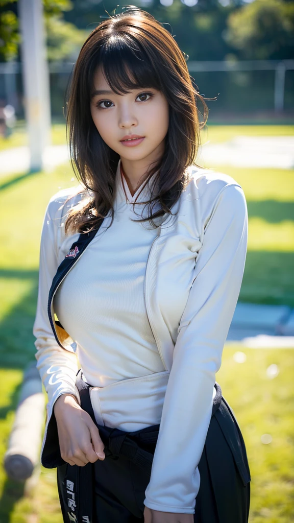 masterpiece, Highest quality,16K, Ultra-high resolution,The light and shadow of reality,Cinema Lenses,(((Very firm and shapely beautiful large breasts))),((High nose、Small Mouth)),((Clean and slim face line)),((Big dark eyes with long eyelashes)),((Very small face)),((((She is very thin and has a great figure)))),((Pure white beautiful skin)),((Cute Japan)),((((She is wearing a long-sleeved Judo uniform.)))),((Long trousers)), (((Black belt))),(((Detailed clothing))),((((At the Judo venue )))),(Beautiful Eyes:1.1),Reflecting clear eyes and a gentle smile,
