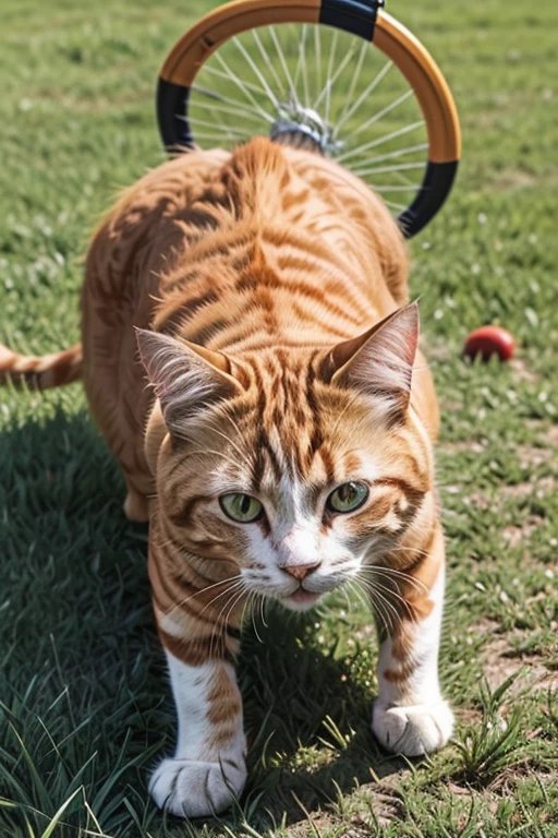 there is a cat that is laying in the grass with a frisbee, on a green lawn, the cat is walking, cats! are around, hybrid of a cat and a chicken, ginger cat in mid action, awesome cat, taken with sony alpha 9, an orange cat, happy wise. he has bouncy belly, photo of a cat, he is very relaxed