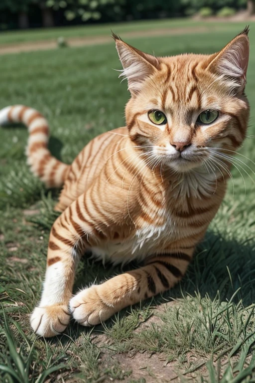 there is a cat that is laying in the grass with a frisbee, on a green lawn, the cat is walking, cats! are around, hybrid of a cat and a chicken, ginger cat in mid action, awesome cat, taken with sony alpha 9, an orange cat, happy wise. he has bouncy belly, photo of a cat, he is very relaxed