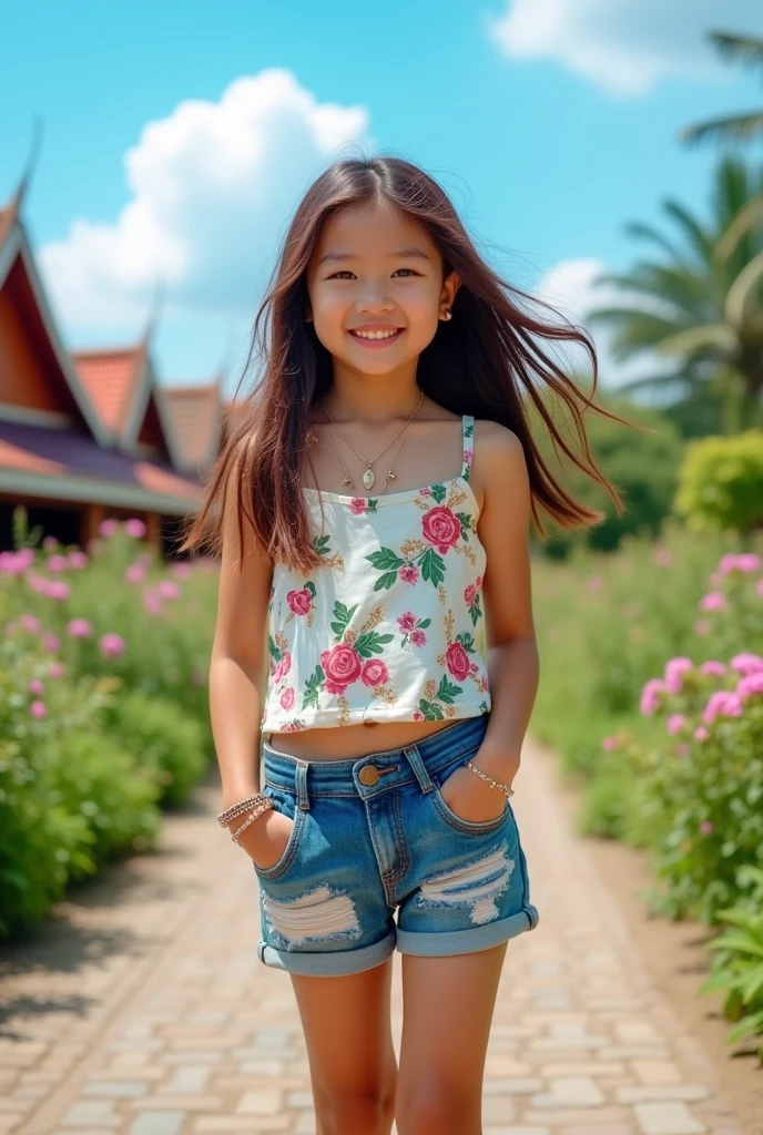 A girl from Buriram wearing shorts (((full body)))