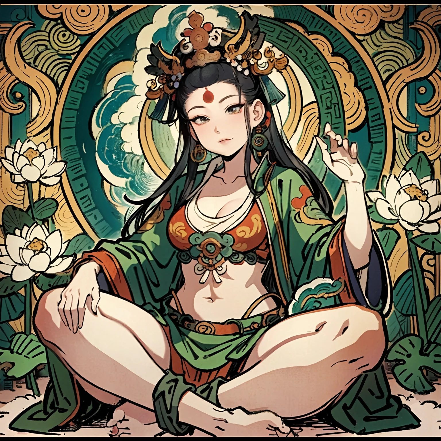 There is a woman sitting in lotus position with a flower in her hand., ancient chinese goddess, japanese goddess, win of the southern seas, a beautiful fantasy empress, Nezha, korean art nouveau anime, win, goddess. extreme hight detail, goddess of love and peace, anime goddess, ancient goddess, 由杨J, goddess of wisdom
