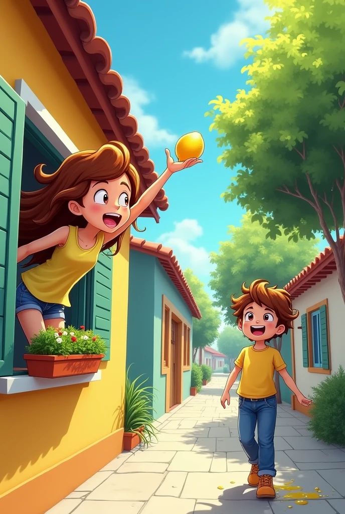 Draw a girl who has just thrown a lemon from her window, while a boy walks by on the sidewalk and some drops of the lemon that is on the ground fall on him