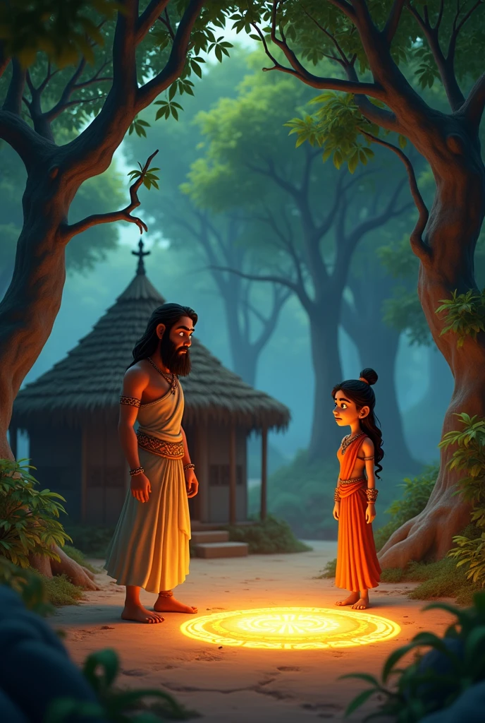 In cinematic 3D cartoon video"Sita is standing near a small hut in a dense, ancient forest. Sita is depicted as a beautiful and graceful woman dressed in traditional Indian attire, with a worried expression on her face. In front of her, there is a glowing line on the ground, known as the "Laxman Rekha," which she is about to step over. On the other side of the line, a figure disguised as a beggar (Ravana in disguise) is seen, with an evil, cunning look in his eyes. The forest is lush, filled with tall trees and thick foliage, adding a sense of depth and mystery to the scene. The atmosphere should feel tense, capturing the moment just before Sita steps over the line.