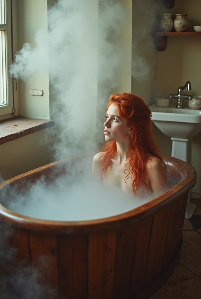 Redhead girl,looking at side. new, taking a bath in a large wooden tub.  Body camouflaged by steam. Lots of steam dispersed through the bathroom. 超detailded.  Provence. Foggy .retro photography, David Hamilton Style. Analog photography. grainy. nymph