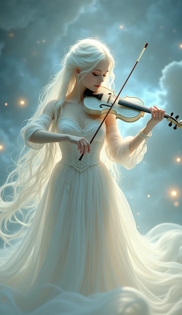 This image depicts a serene, ethereal scene featuring a delicate figure playing a white violin. The character appears otherworldly, with pale skin and long, flowing white hair adorned with intricate, shimmering accessories. The setting seems to be a dreamy, celestial environment, filled with soft, glowing lights that enhance the magical ambiance. The figure's clothing is equally ethereal, with light, translucent fabric that adds to the otherworldly, almost angelic feel of the image.