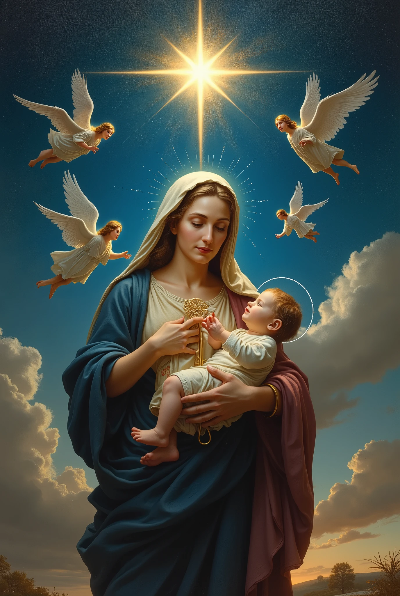 Mary, mother of baby Jesus, the sky illuminated by a star with many angels