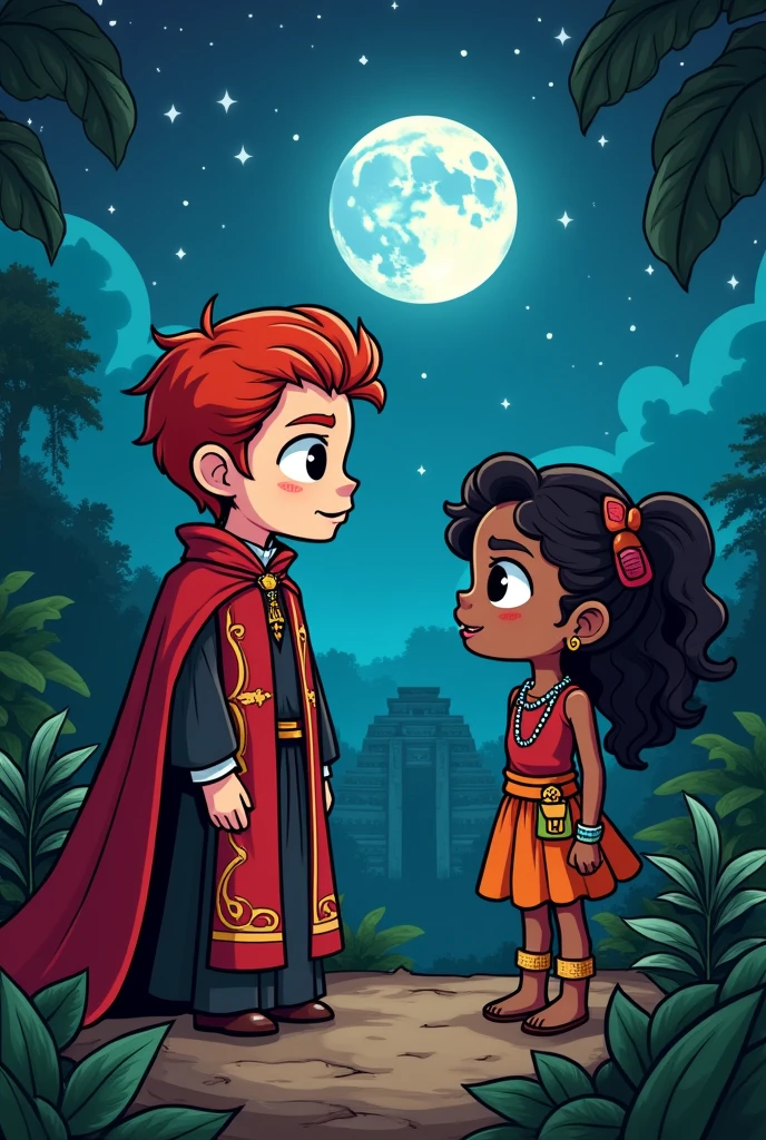 I want to make a priest with red hair, by the way, this should be short hair and very attractive talking under the full moon with a Mayan native., that the girl is one with dark hair and dark skin I want a drawing style for a comic like chibi