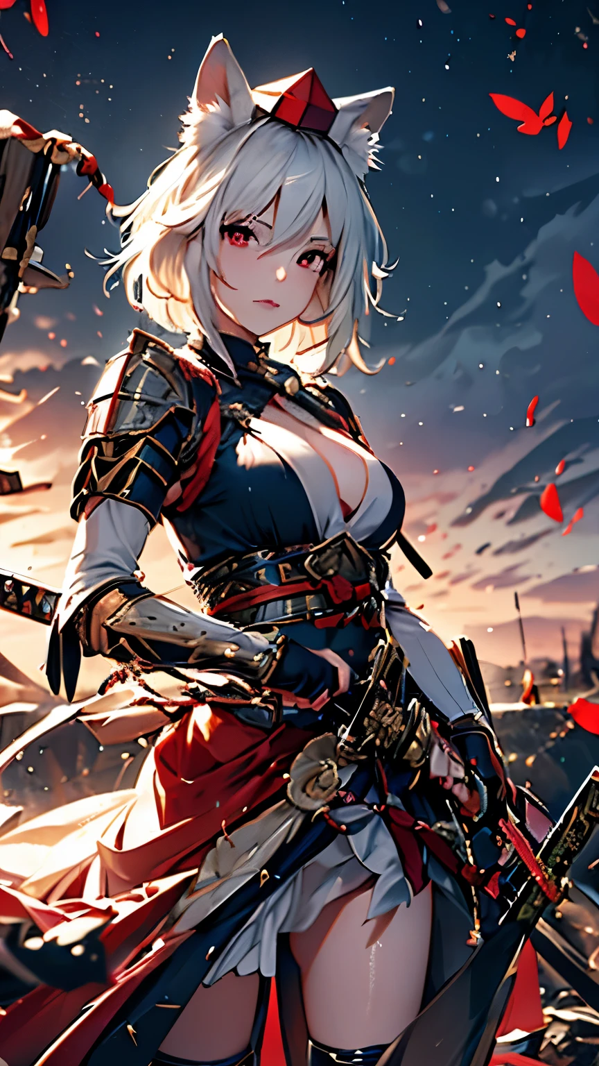 a detailed portrait of inubashiri_momiji_touhou, a girl with animal ears, wolf ears, short white hair, red eyes, wearing a tokin hat, with a wolf tail, blushing, with breasts, wearing medieval armor, Dark blue armor, dark blue skirt, bare legs, katana, (best quality,4k,8k,highres,masterpiece:1.2),ultra-detailed,(realistic,photorealistic,photo-realistic:1.37),highly detailed face, extremely detailed eyes and face, longeyelashes, detailed facial features, intricate armor textures, detailed fur textures, detailed medieval fantasy style, warm color tones, dramatic lighting
