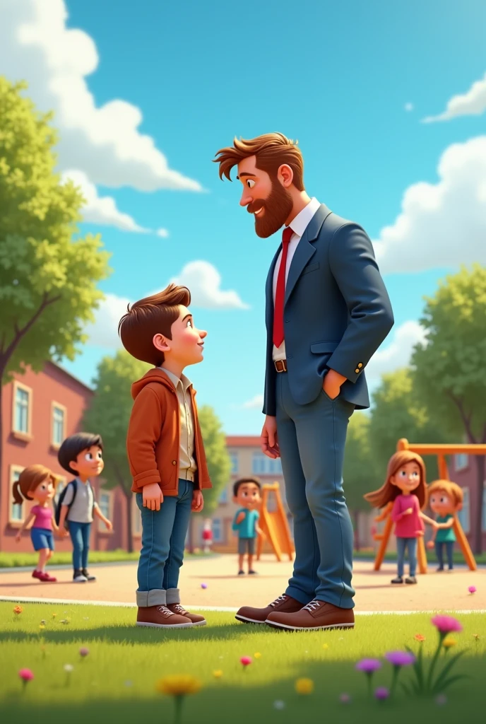 Hyper realistic, colorful Pixar style image of scene of 3D cartoon style of scene of the dad wearing jeans and professional clothes with brown hair without beard talking to his boy with firm face expression in the school playground