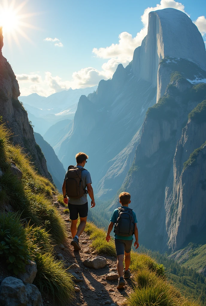 A boy is climbing a mountain with his father