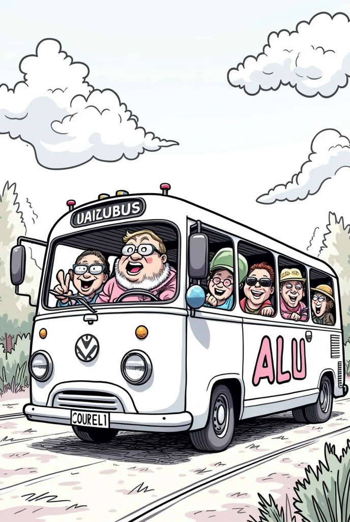 create an image of a bus in a style more like a travel company, It can be in a funny style and in 2d drawing, Can you make the bus white and without these foods and with adults instead of children?, that it is a bus instead of a combi, It can be a drawing with 6 adults only, and it should be a drawing with 2D lines reminiscent of a coloring book., The bus may contain the word ALU and pick up a person
