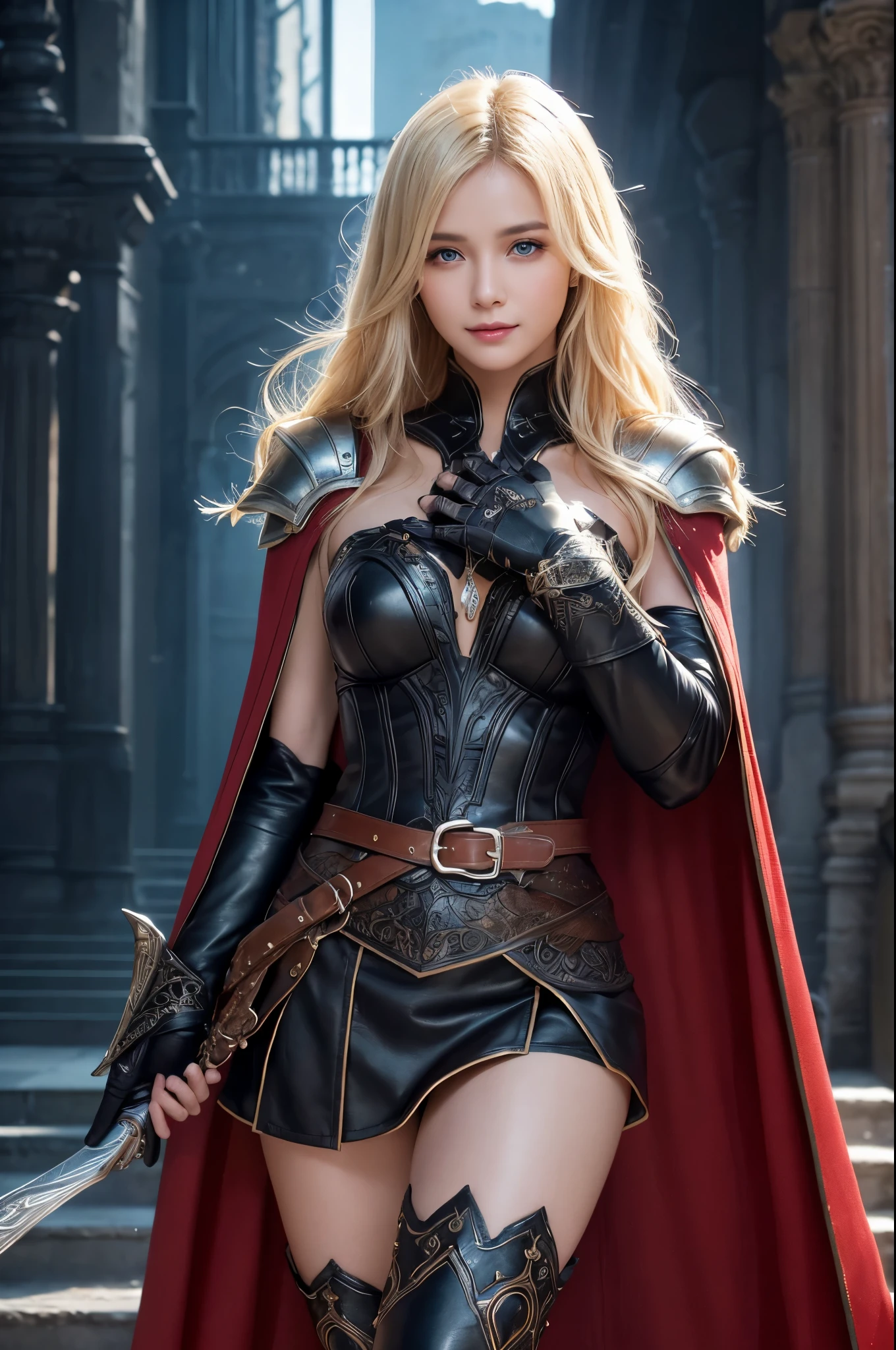 8k,Ultra-high resolution、Masterpiece、Big smile、Photorealistic、Astonishingly beautiful realistic portrait of a Western woman、Beautiful Woman Photos、Symmetrical, realistic face with great detail、Highly detailed textures、Bright colors、Detailed background elements、Deep sense of depth、Unique lighting effects、Complex composition techniques、Camera angles that emphasize the beauty of the character and environment、 Depth and atmosphere、Elaborate details and clarity、((Elvish、expensive、Bust Shot、Focus from the chest up,Lean and muscular physique、Ultra detailed face、Ultra-realistic textures、Detailed eyes、High quality eyes、High quality face、Shining Face、blue eyes))、(((Blonde、Perfect hands)))、In front of the city gates,(Extremely intricate black leather armor、Red Cape、Leather Belt、Knee-high boots、Black gloves、Bracers))、ダークFantasy、Detailed hand drawing、Looking at the audienceください,Mysterious look、Fantasyの背景、Rim Light、Ultra-high resolution、Film Grain、Best Shadow、delicate、to be born、Particles of light、Fine skin、Intricate details、Very detailed、A powerful deception、 Fantasy,Perfect lighting、Looking at the audience、Cinema Lighting、wonderful,Muscular Beauty,