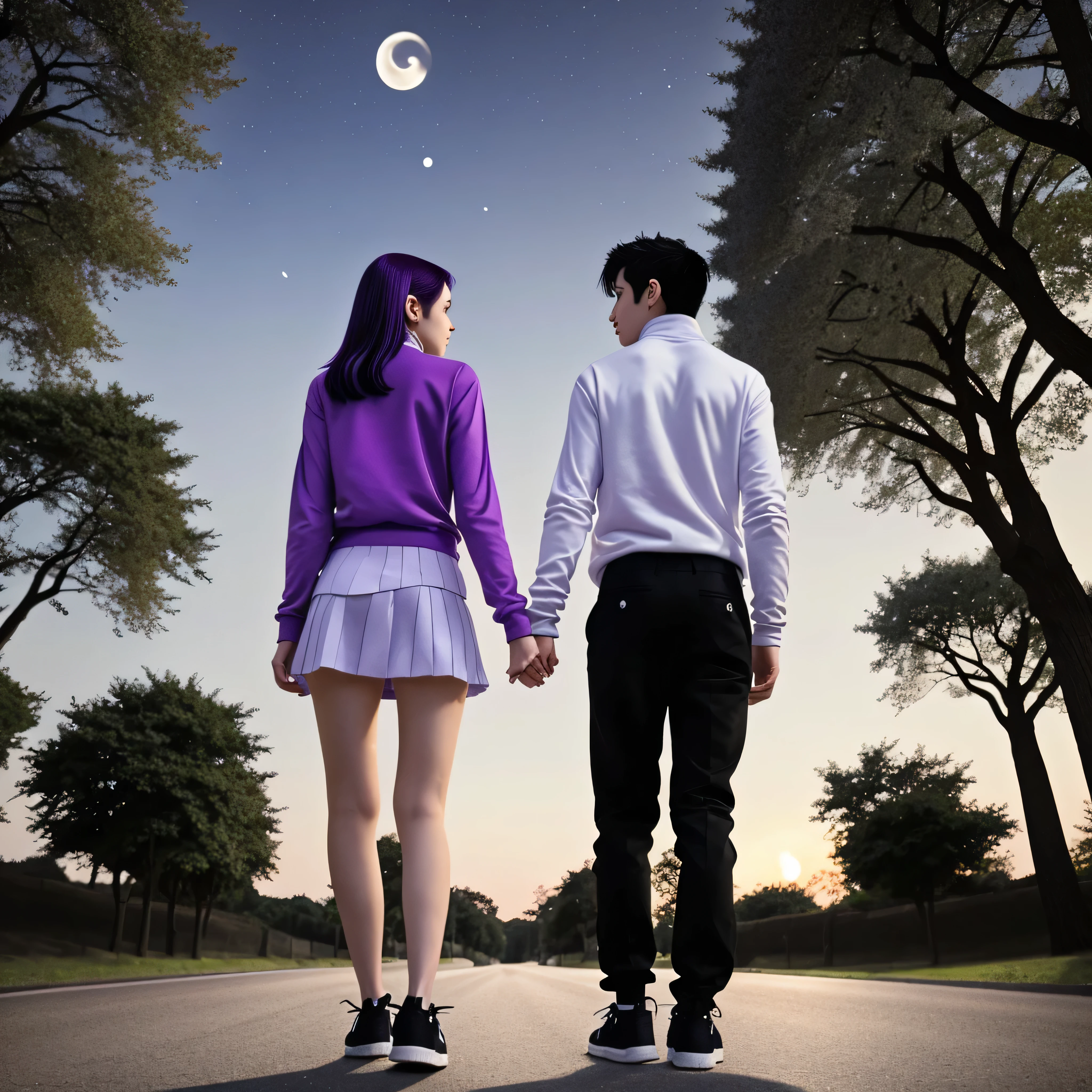A black and white haired boy under the moonlight on a road surrounded by large trees with a white sweatshirt, black pants and white shoes with his back to the camera, hands in his pocket looking at the moon that lights up everything on a night, trees on the deserted road, hands in his pockets, anime character holding hands with a girl with purple hair in a white long-sleeved shirt and a short white skirt with a black tie and purple eyes, trying to be a couple, a boy and a girl 
