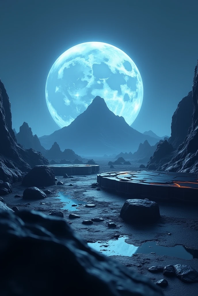 masterpiece, best quality, cinematic photo of Cyber sci-fi style, close-up of a mountain in the distance with a blue moon in the background, stunning alien planet landscape, black rocks with a glowing black mechanical platform on the ground, surreal 3d landscape style, rendered in cinema4d style, minimalist stage design, layered surface, photograph, film, highres, empty stage