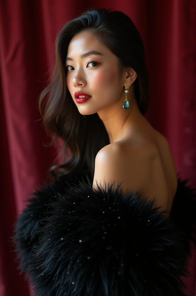 Young muscular Asian woman, wearing a fashion high costure black fluffy dress, closeup aesthetic style
-big big breasts-