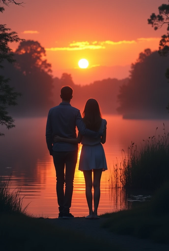 (photorealism:1.2), couple, arm in arm, sunset, small lake, sun in front, view from very close back, body’s are unlighted and unidentifiable, man is 20 cm taller