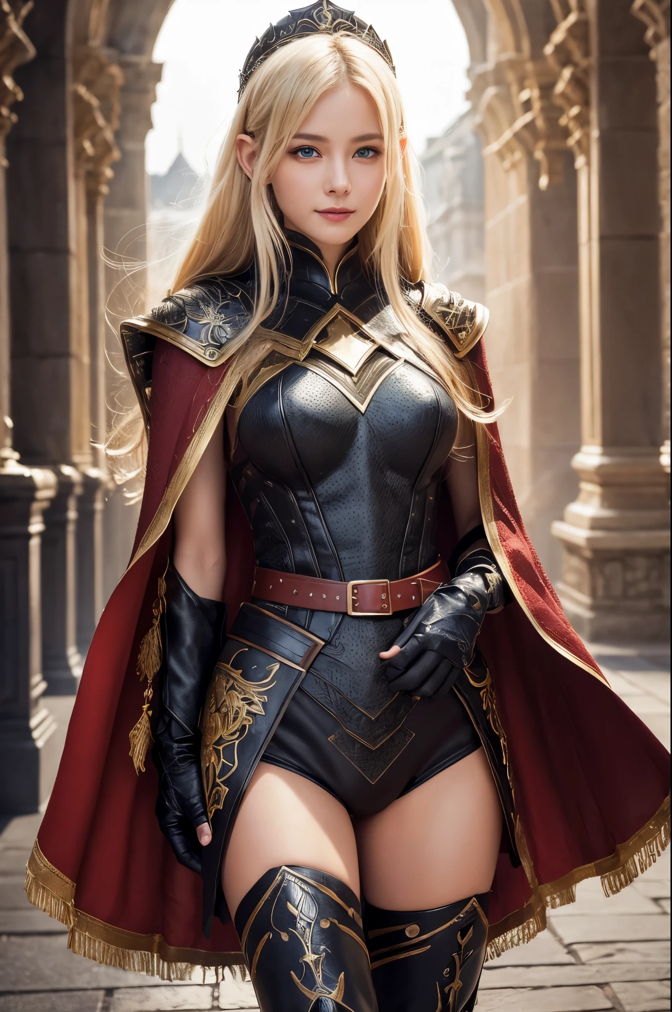 8K,Blonde girl wearing luxurious red, white, black and blue chest armor, Super beauty(Like the real thing)real looking skin,Beautiful Princess Knight,Blue eyes, Princess Knight, ((Beautiful and fantastic Princess Knight)), An elegant , gorgeous princess paladin,  Beautiful Princess Knight,超A high resolution,Masterpiece,A hyper-realistic,Fantasyart,curacter art,cinestill 800,alluring glance,A sexy,a closeup,A sexyな胸鎧,Thin and well-muscled body,combat scene,action scene,actionpose,Equipped with a rapier on the waist,Royal coat of arms carved into the chest armor,red and white luxurious cloak,Fight enemies,slender body,well-muscled,gorgeous red and black pants(Golden embroidery),super huge chest,Juvenile look,Rugged look,Short Princess Knight, , super small waist, super slim body,  