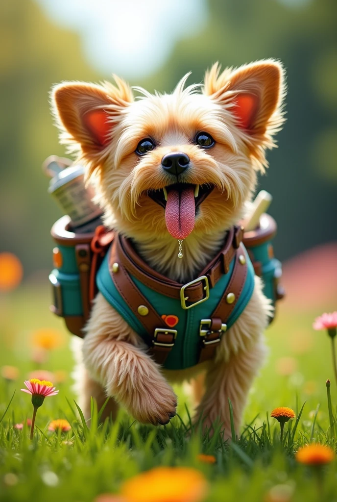 A dog's drool with life is a vest with a backpack behind it.