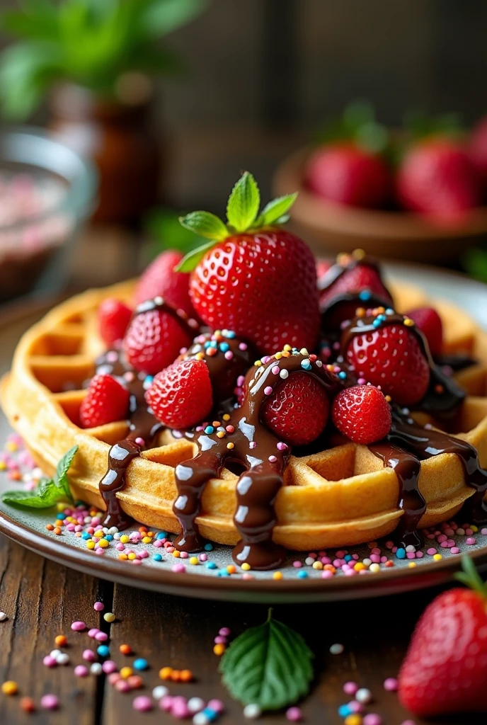 Waffles accompanied with strawberry pieces, chocolate sauce and colorful sprinkles