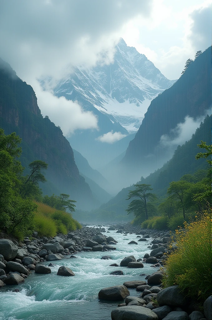 Rain in the himalayas mountains along with riverside 