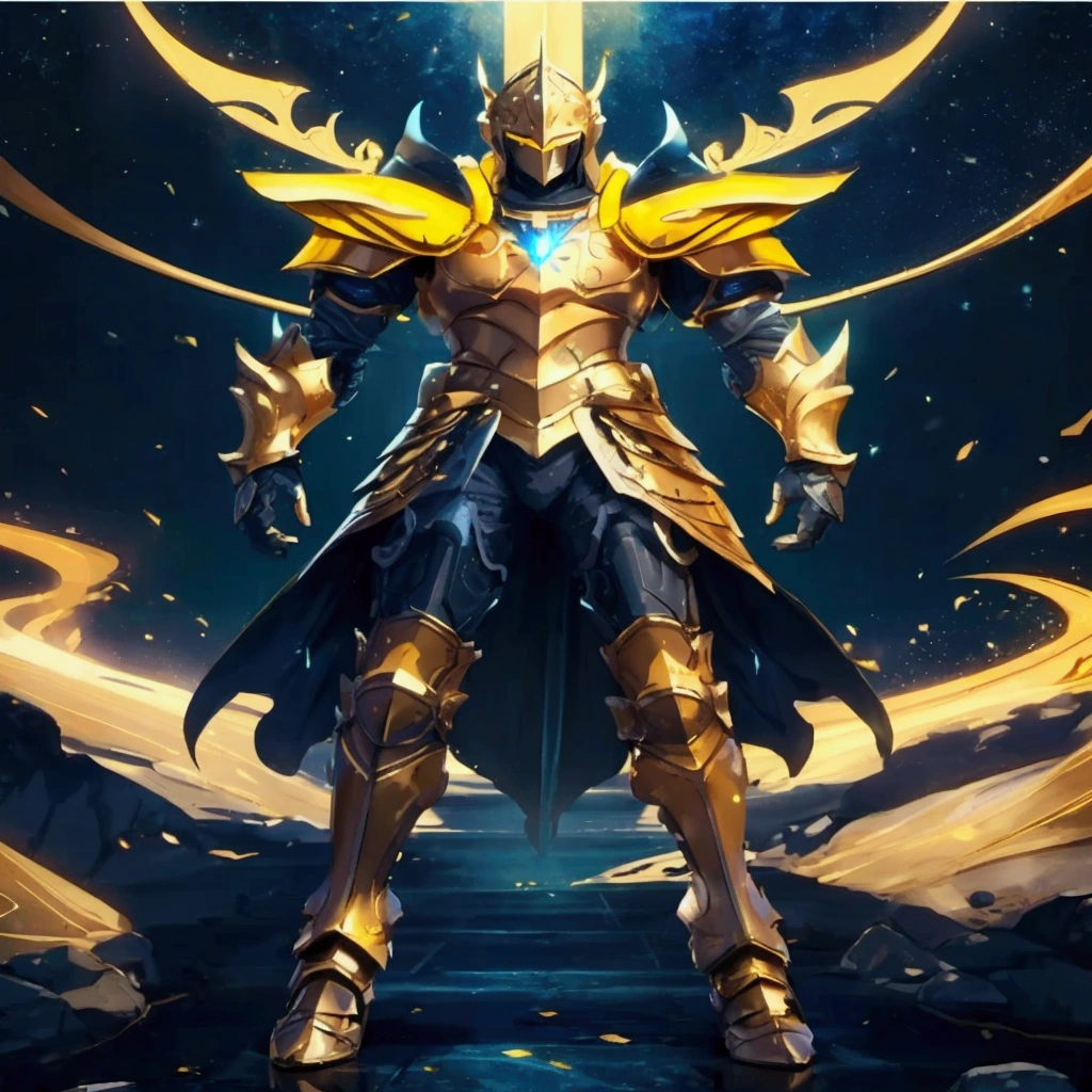 a man in armor standing in front of a dark background, the golden cat knight in armor, gold paladin, paladin golden armour, golden armour, golden armour wearing, epic paladin armor, golden armour, gold armour suit, golden armour brilhante, angelic golden armour, gold armour, sleek gold armour, shining armor dourada e cobre, gold armour, shining armor
