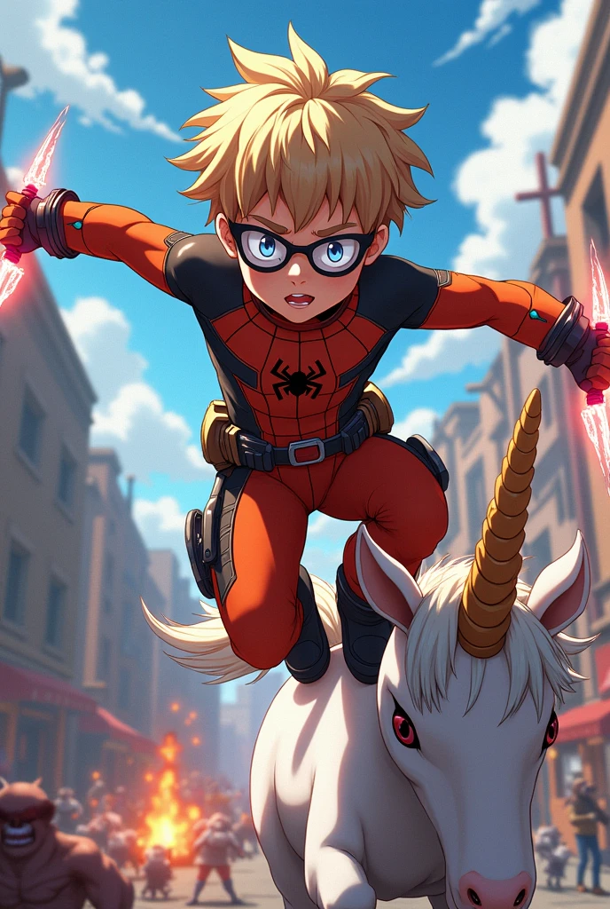 A boy, he is the son of Spider-Man and Deadpool in this universe. He is wearing cybernetic glasses that strongly resemble the eyes of Spider-Man's mask. He has half blonde and half brown hair, fair skin. His superhero costume somewhat imitates both, meaning a bit of Deadpool and a bit of Spider-Man. Despite everything, his outfit has an orange and black tone, except for his gloves, which are a good imitation of Wolverine's gloves. He is holding two Asgardian swords that are releasing electricity at his back. There are two sheaths and he has a utility belt with two gold-plated Desert Eagle pistols. He is riding a bizarre plush unicorn and he is jumping against several monsters. The image has to be anime style.
