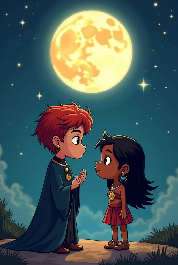 I want to make a priest with red hair, by the way, this should be short hair and very attractive talking under the full moon with a Mayan native., that the girl is one with dark hair and dark skin I want a drawing style for a comic like chibi