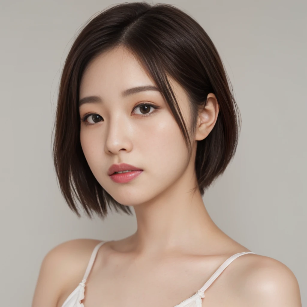 araffed asian woman Short Hair wearing a white bra top, Short Hair, Symmetrical Japanese faces, Young and adorable Japanese face, Popular Japanese Makeup, Beautiful young Japanese woman, Portrait of a female idol in Japan, Gorgeous Young Japanese Woman, Popular Japanese Makeup, Beautiful Japanese Women, Extremely cute features of Japanese faces, south east asian Round face, Round face