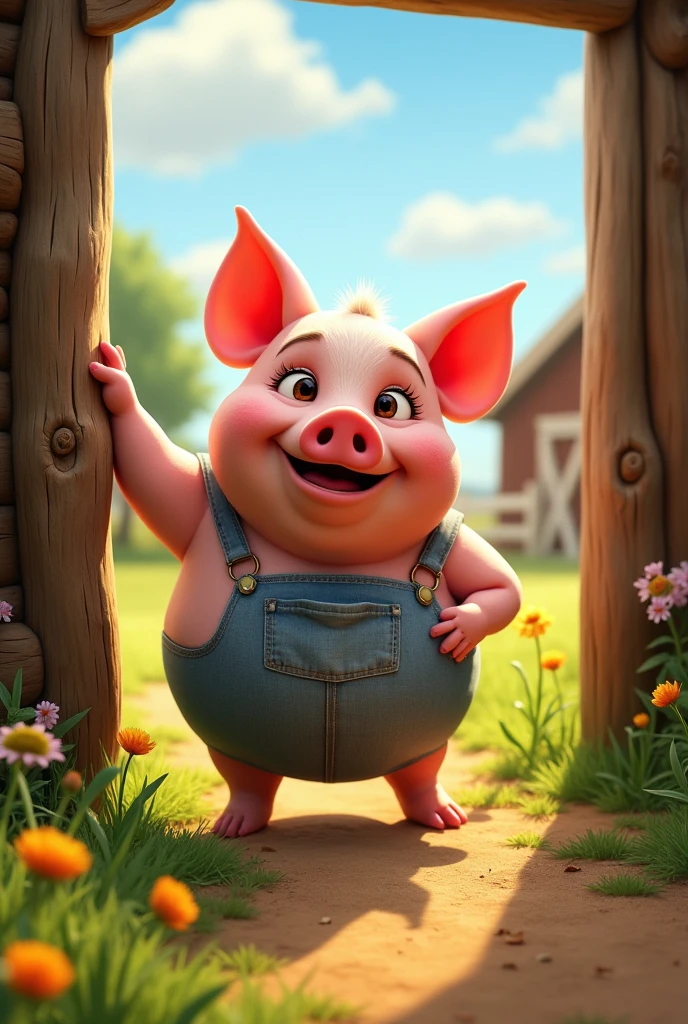 female pig, flirtatious, without crest, fat, gossiping and speaking badly about other animals addressing the old farmer in the pixar style gate