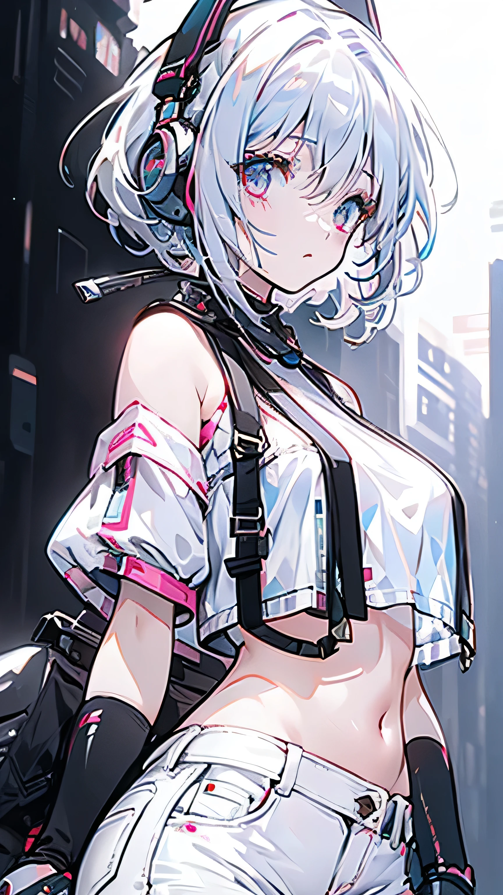 A white hair girl wearing headphones and tight blouse with exposed shoulders and stomach wearing short white jeans