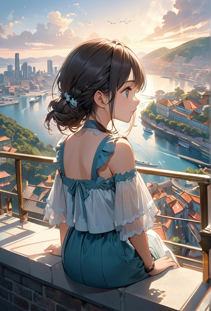 Full color, Ultra-realism, Detailed and intricate texture, Detailed and intricate brushwork, Detailed and clear depiction, (A hill overlooking the beautiful and sparkling port city、Park observation deck, ((Back view of a girl looking at a charming and majestic view)), On top of the wall that stretches right up to the side、Cats gather), A perfect human girl, View the scenery, Hopes for tomorrow, joy, Sadness, hope, BREAK Clear and vivid image, (Add layers of transparency), (Indifference, kind, aesthetic), Cinematic lighting effects, (Detailed and clear depiction, transparency:1.2), Ultra-high resolution, Use all kinds of effects to captivate your audience, Detailed and crisp image quality, 16k, Dynamic shot, A work that conveys the charm of moving landscapes,