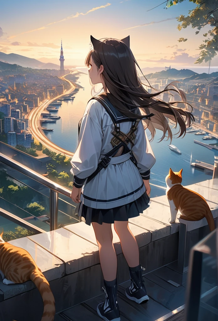 Full color, Ultra-realism, Detailed and intricate texture, Detailed and intricate brushwork, Detailed and clear depiction, (A hill overlooking the beautiful and sparkling port city、Park observation deck, ((Back view of a girl looking at a charming and majestic view)), On top of the wall that stretches right up to the side、Cats gather), A perfect human girl, View the scenery, Hopes for tomorrow, joy, Sadness, hope, BREAK Clear and vivid image, (Add layers of transparency), (Indifference, kind, aesthetic), Cinematic lighting effects, (Detailed and clear depiction, transparency:1.2), Ultra-high resolution, Use all kinds of effects to captivate your audience, Detailed and crisp image quality, 16k, Dynamic shot, A work that conveys the charm of moving landscapes,