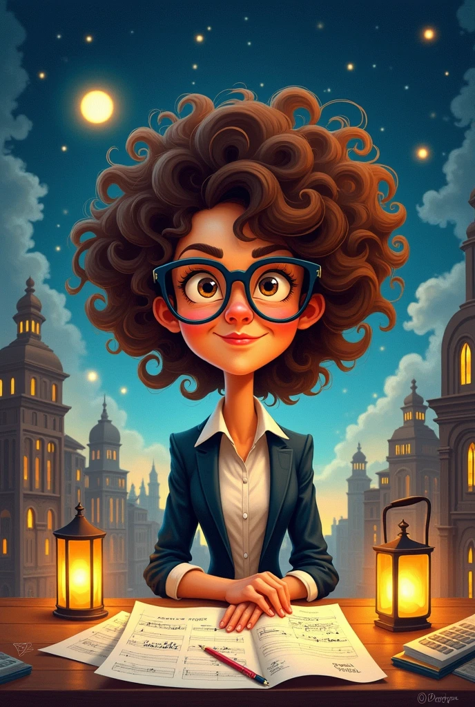 Draw a caricature of a curly-haired architect who is also an accountant, but do it in a sophisticated and fantastic way. Your hair is lightly curly, and wavy means,