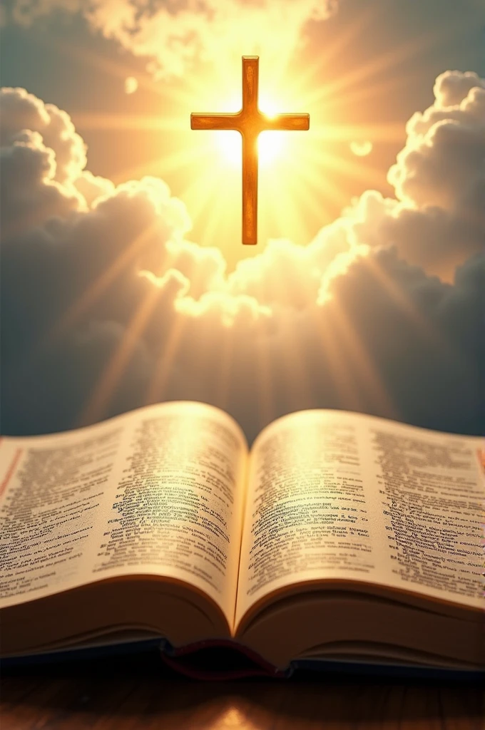 Open Bible with a cross above it and clouds behind