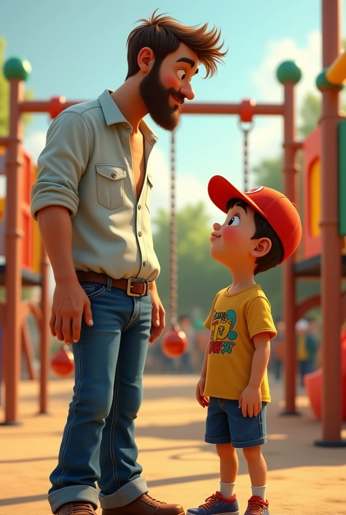 Hyper realistic, colorful Pixar style image of scene of 3D cartoon style of scene of the dad wearing jeans and professional clothes with brown hair without beard talking to his boy with firm face expression in the school playground