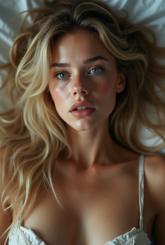 An 18 year old long blonde naked, Unclothed,,breasts big,smeared makeup,makeup race,perfect lips, orthodontic appliances,wide hip,big butts, freckles,eyes large,blue colored eyes,perspiring, sweats a lot,humida,very detailled, best qualityer, extreme detailed face, Perfect lightning, fundo de quarto sexly, sexually, erotic, unique, 4K, work of art,sexly,with a big ass,lying on her bed

