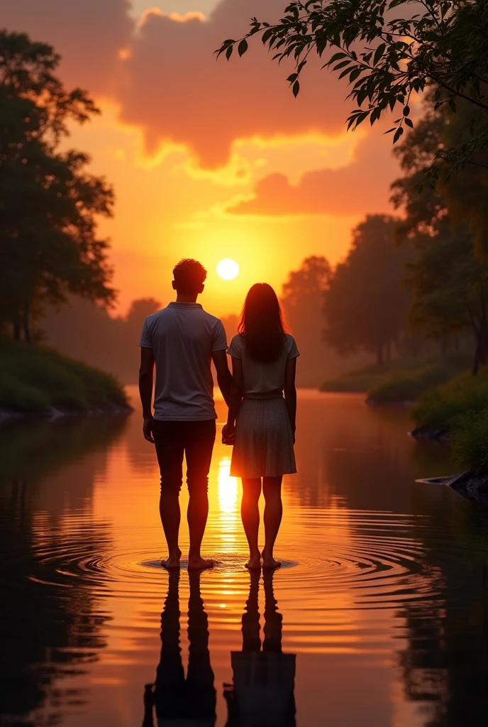 (photorealism), couple, arm in arm, sunset, small lake, sun in front, view from very close back, body’s are unlighted and unidentifiable, man is 20 cm taller