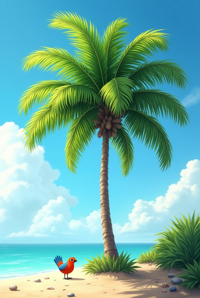 Show me the feathery coconut palm in its natural form, not a painting, when it's just growing.
