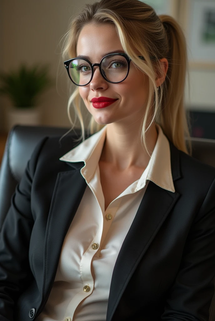 attractive blonde frau,  hair combed straight and tied into a ponytail with a hair clip, rich, expensive clothes, wears a blouse, die Bluse spannt sich über die Huge,  sexly, sexually aroused, want to fuck,  Huge , secretary, huge, plumped up, round red lips,  evil, glasses, wears a skin-tight blouse, Wearing a suit, Office, sitting on a chair, legs overgrown, bright room, smiles thoughtfully, leans back in chair, Highlight on the blouse, bigger breasts,  Huge,  Huge,  Huge,  bigger breasts  , elaborate hairstyle,  soft face, sweet makeup, perfect legs,  SHINY LEGS, Breasts pressed together, looks at the viewer in a friendly and loving manner
