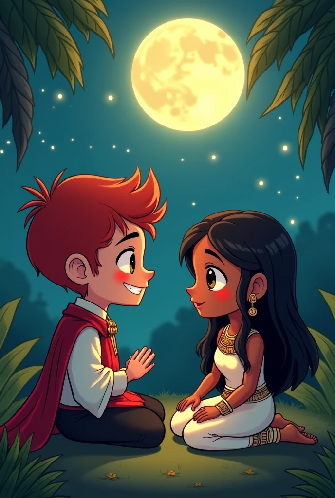 I want to make a priest with red hair, by the way, this should be short hair and very attractive talking under the full moon with a Mayan native., that the girl is one with dark hair and dark skin I want a drawing style for a comic like chibi, They must be sitting.