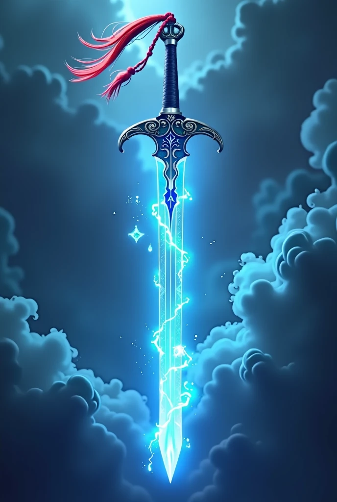 ((((magic sword with red tassel on the tip of handle)))), blue aura on blade, 4k, 8k, HD, high definition, magic, mana, black handle, short handle